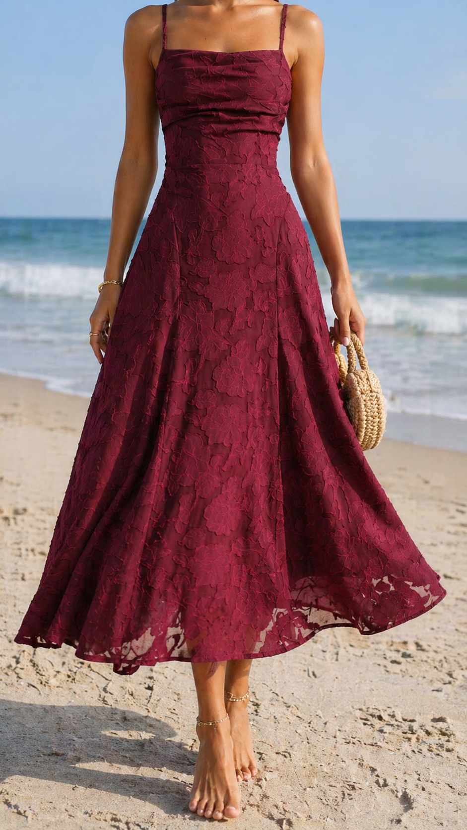 Vestido Jacquard Rojo Vino Elegante