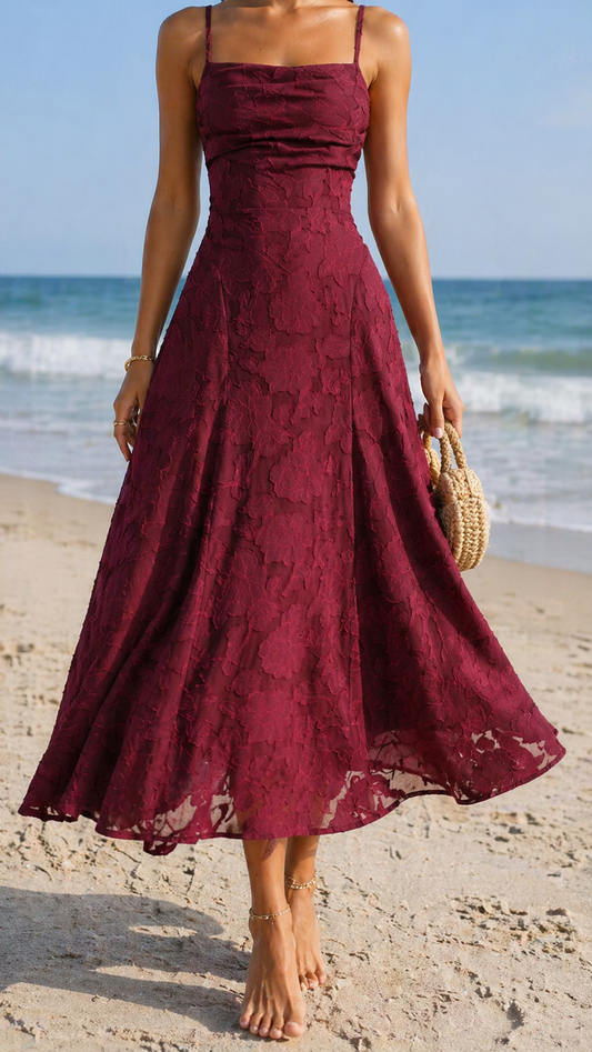 Vestido Jacquard Rojo Vino Elegante